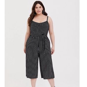 BLACK PINSTRIPE CULOTTE TIE FRONT JERSEY JUMPSUIT